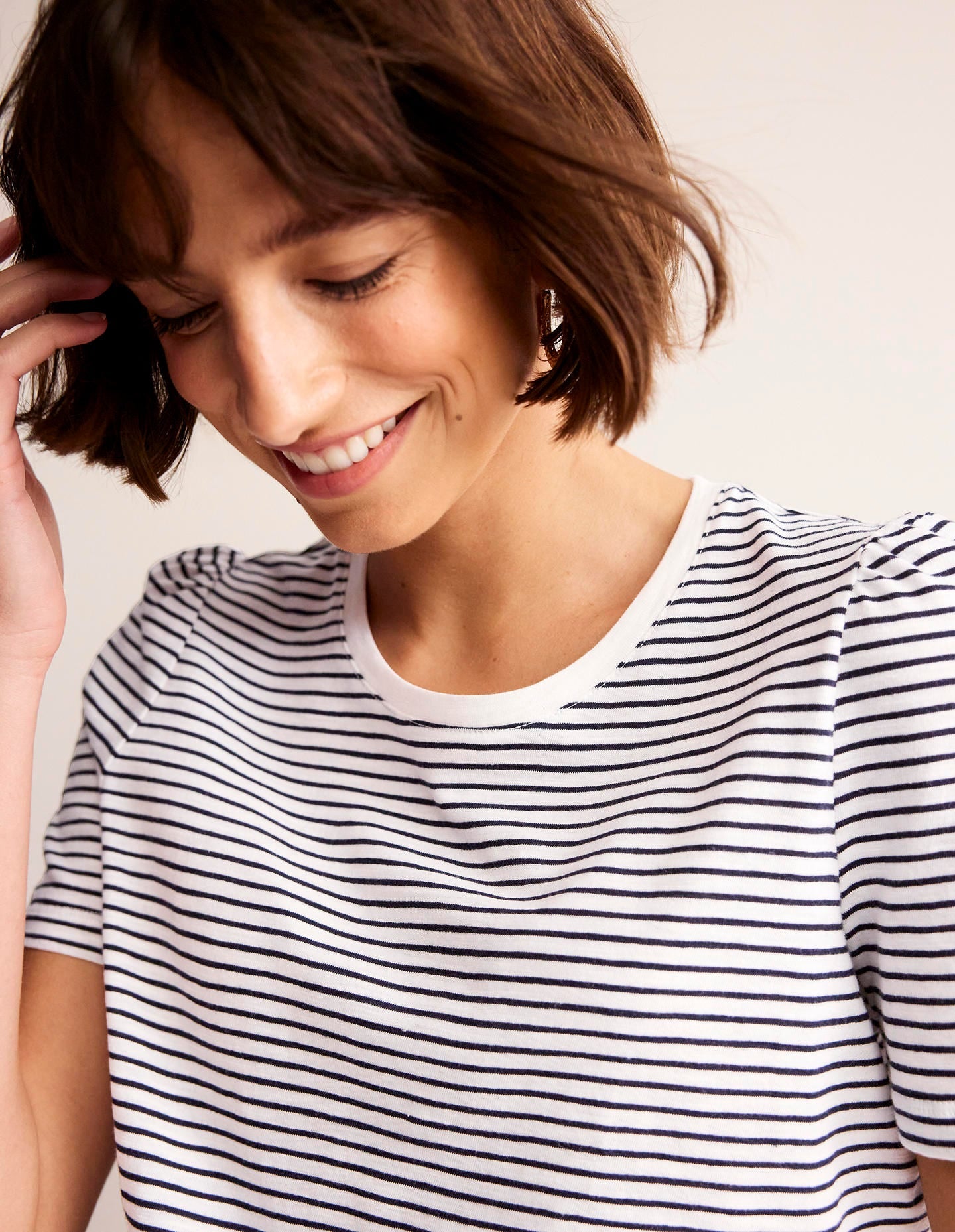 Cotton Puff Sleeve T-Shirt-Ivory, Navy Stripe-2