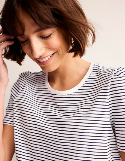 Cotton Puff Sleeve T-Shirt-Ivory, Navy Stripe-2