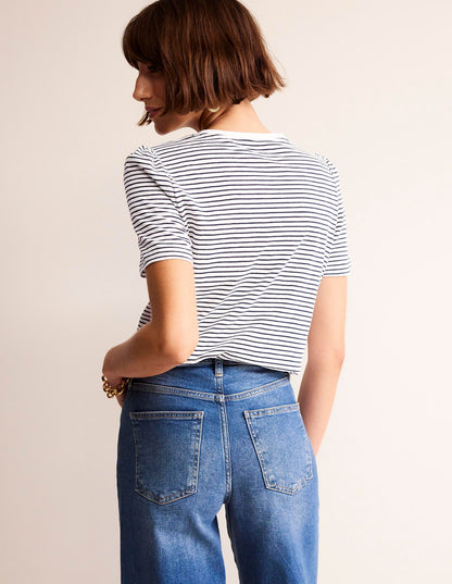 Cotton Puff Sleeve T-Shirt-Ivory, Navy Stripe-3