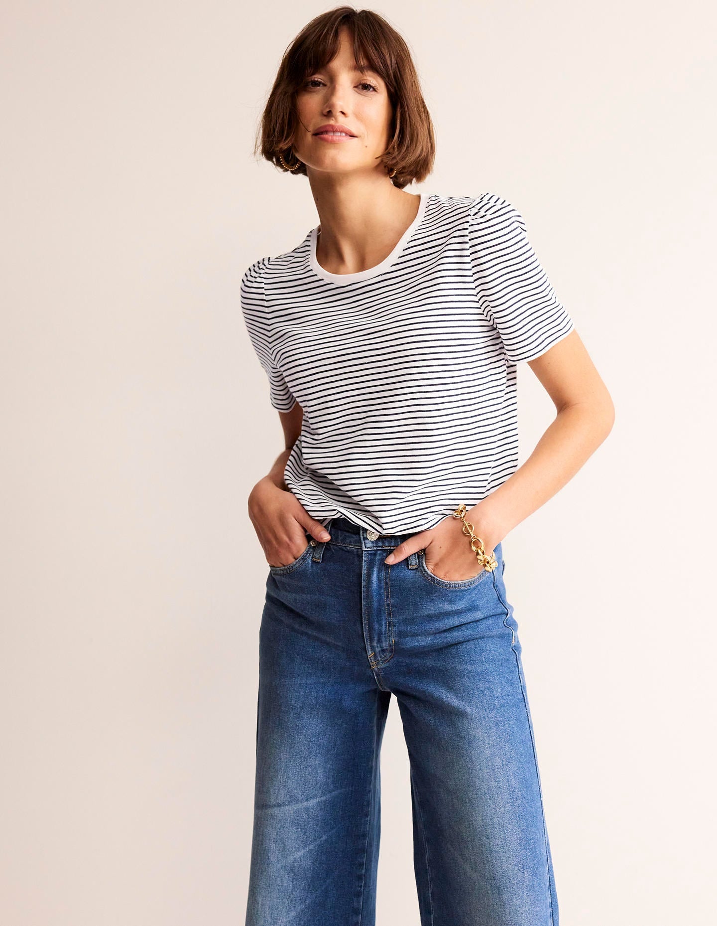 Cotton Puff Sleeve T-Shirt-Ivory, Navy Stripe-4