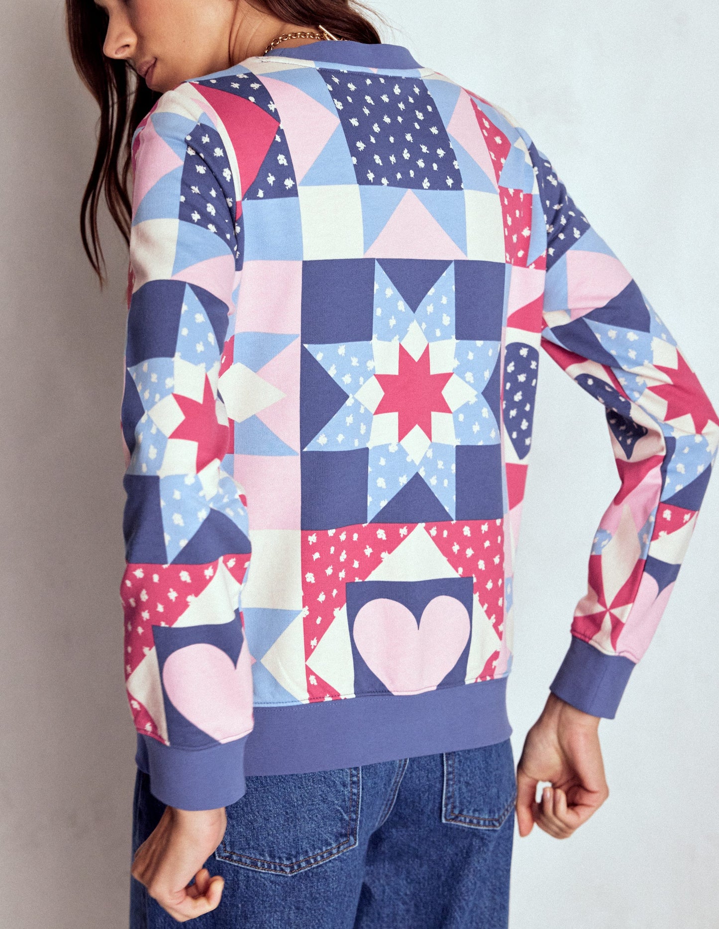 Hannah Printed Sweatshirt-Multi, Heart Patchwork