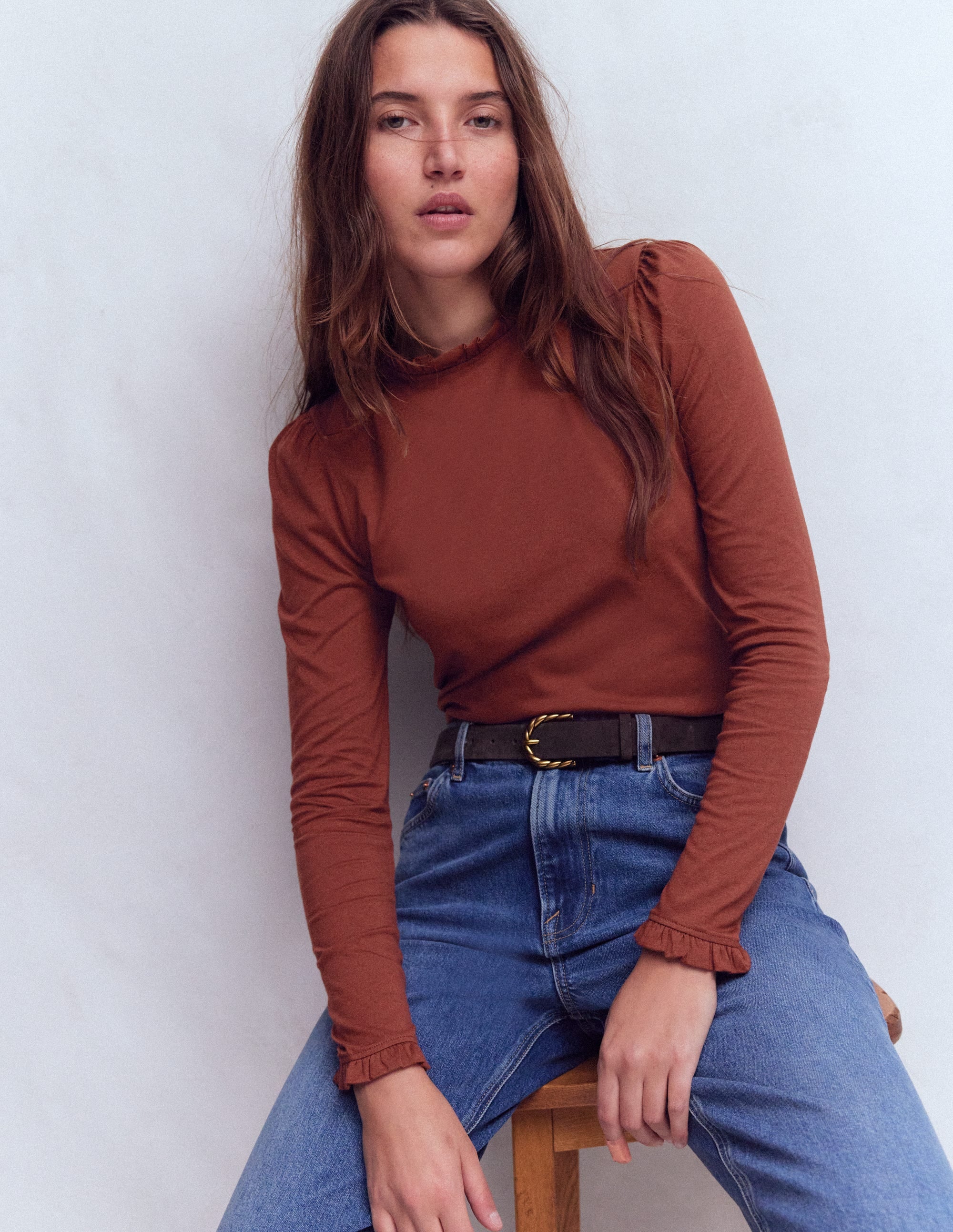Supersoft Frill Detail Top-Roasted Brown - Image 1