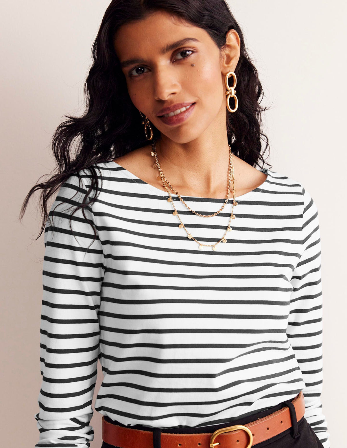 Ella Long Sleeve Breton-Ivory, Black - Image 1