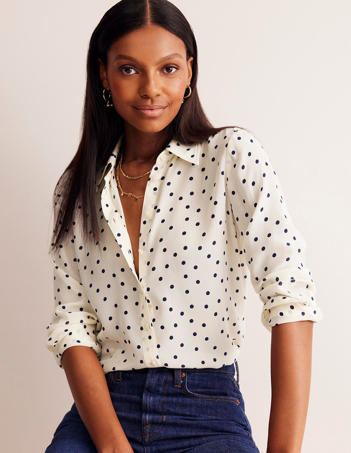 Sienna Silk Shirt-Ivory and Navy, Sparse Spot-1