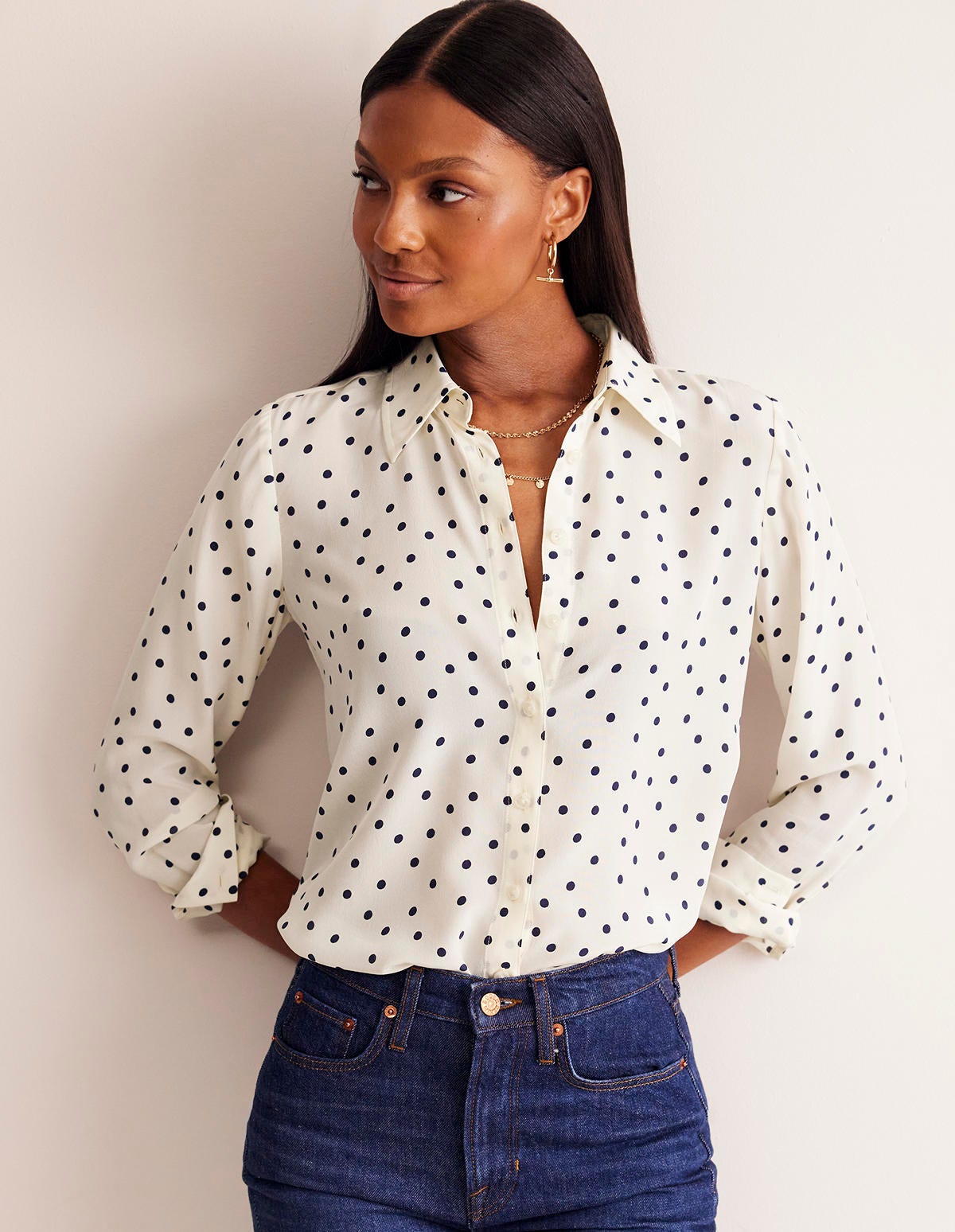 Sienna Silk Shirt-Ivory and Navy, Sparse Spot - Image 4