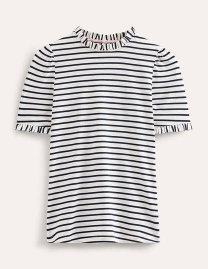 Supersoft Frill Detail T-shirt-Ivory, Navy Stripe-5