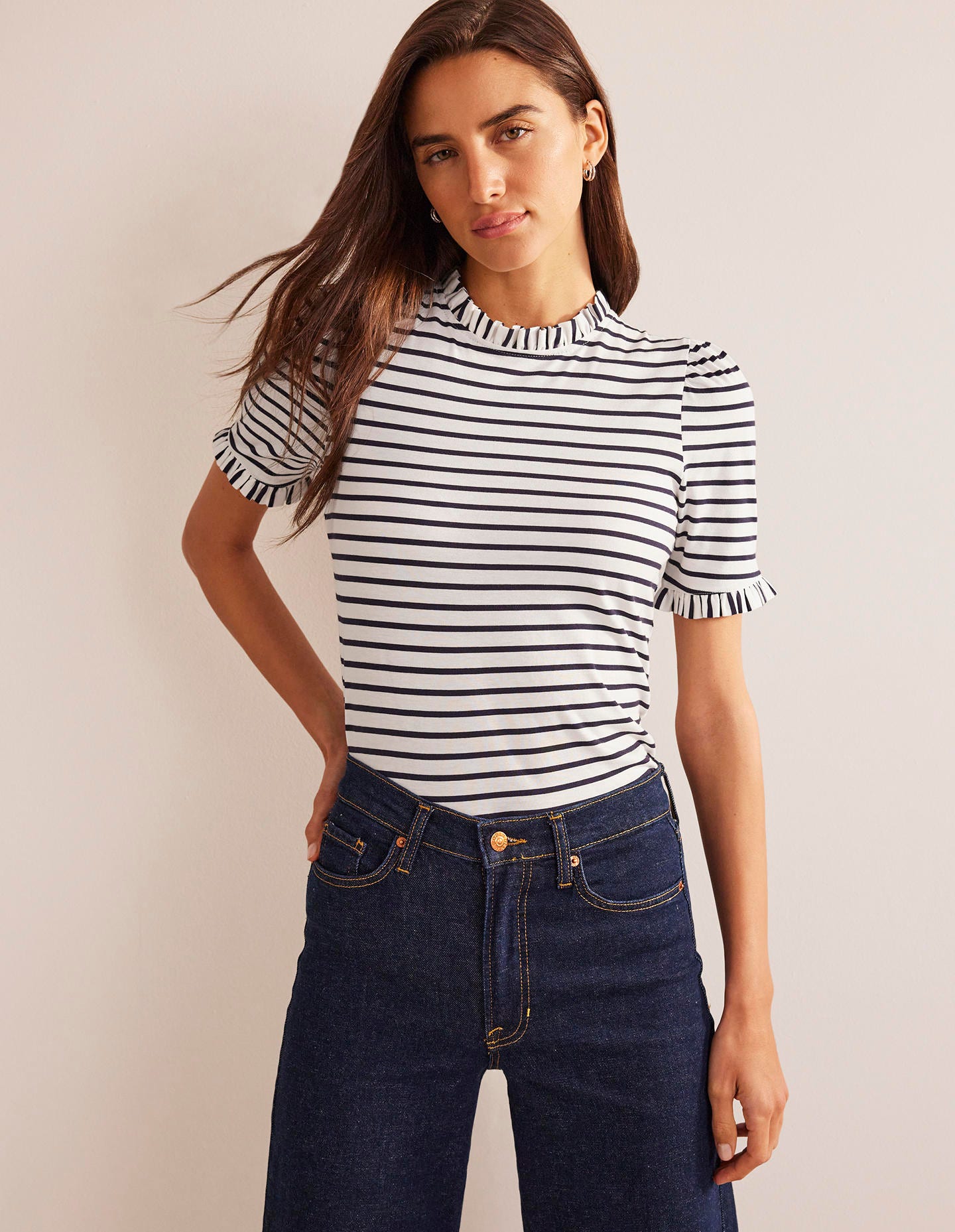 Supersoft Frill Detail T-shirt-Ivory, Navy Stripe - Image 1