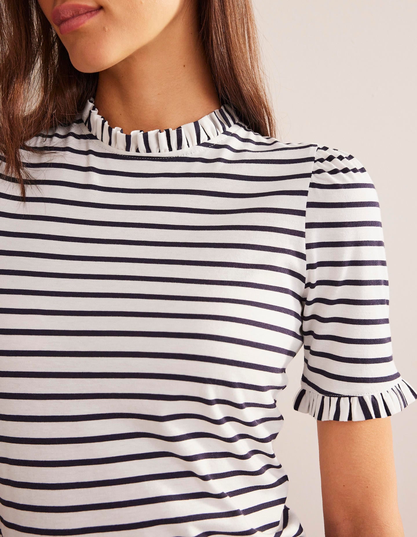 Supersoft Frill Detail T-shirt-Ivory, Navy Stripe - Image 4