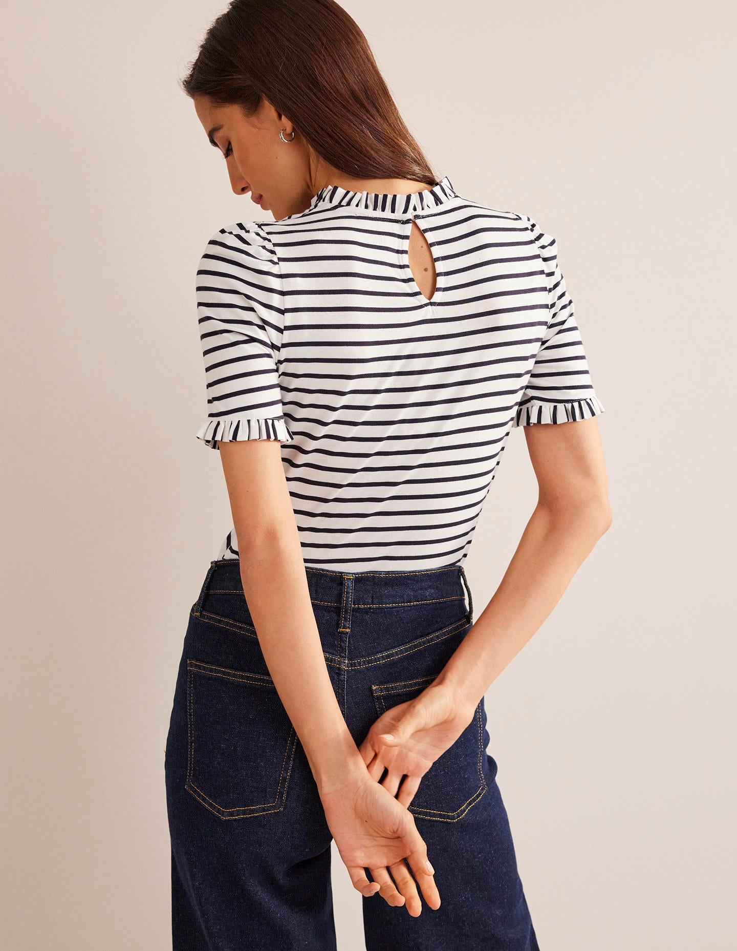 Supersoft Frill Detail T-shirt-Ivory, Navy Stripe-3