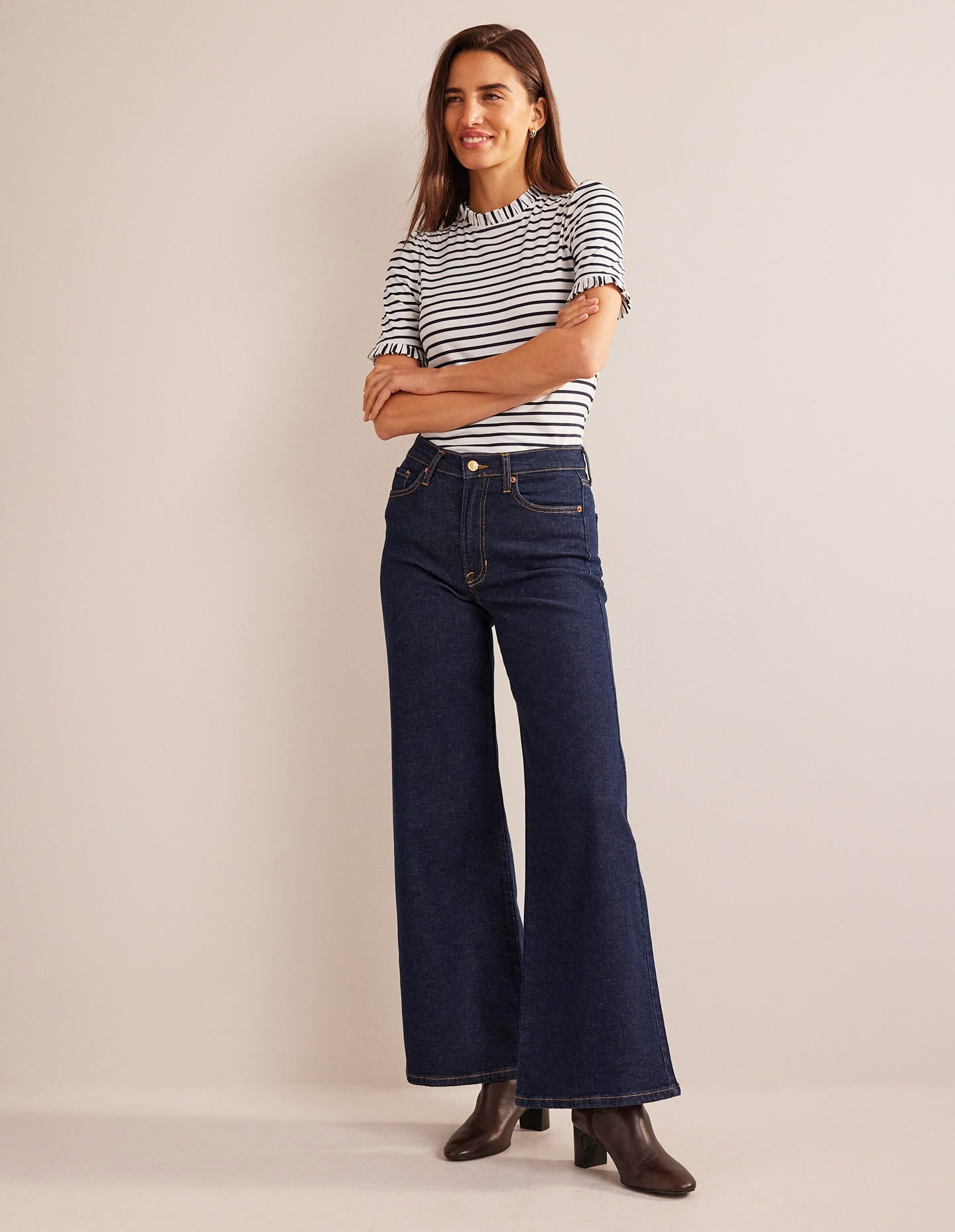 Supersoft Frill Detail T-shirt-Ivory, Navy Stripe - Image 6