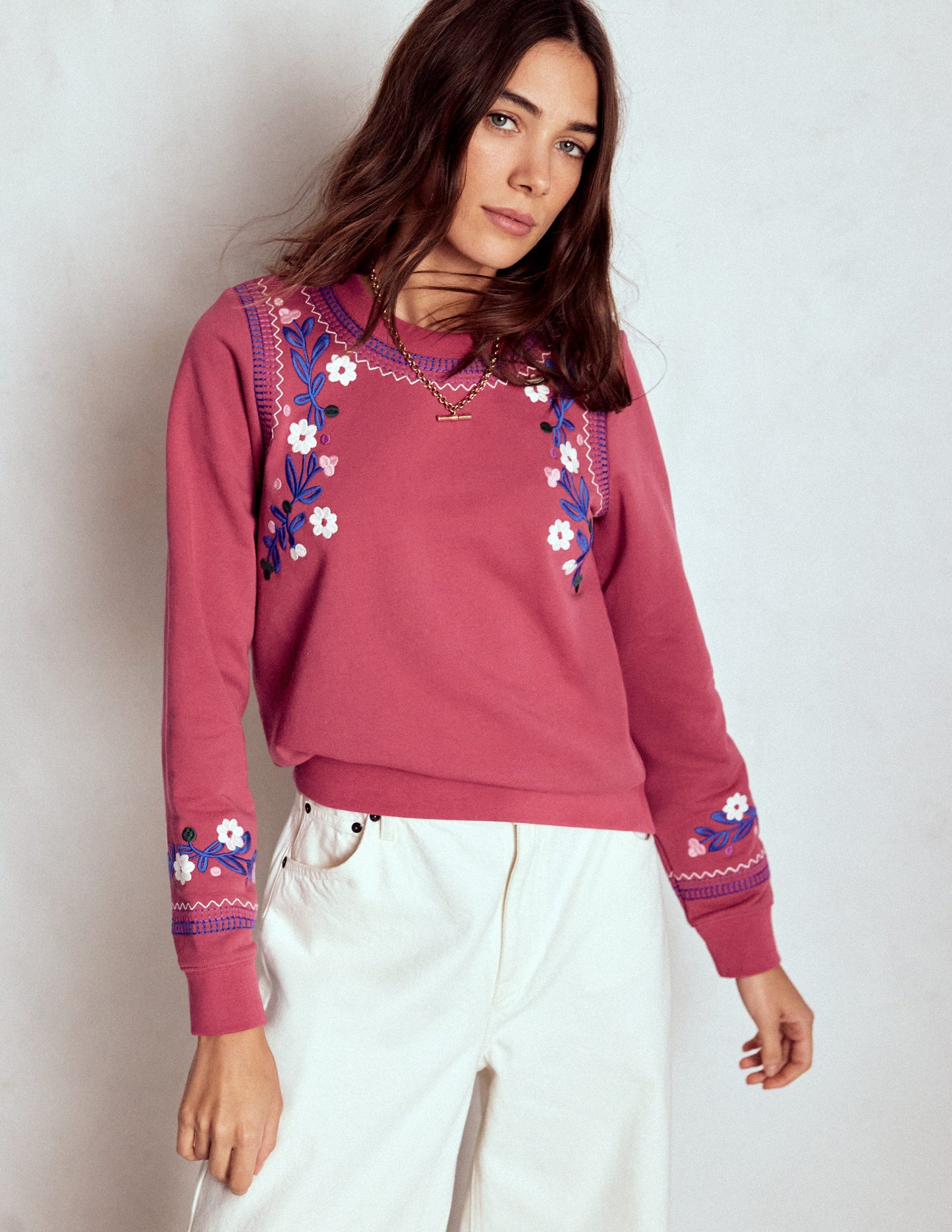 Hannah Embroidered Sweatshirt-Earth Red, Multi Floral
