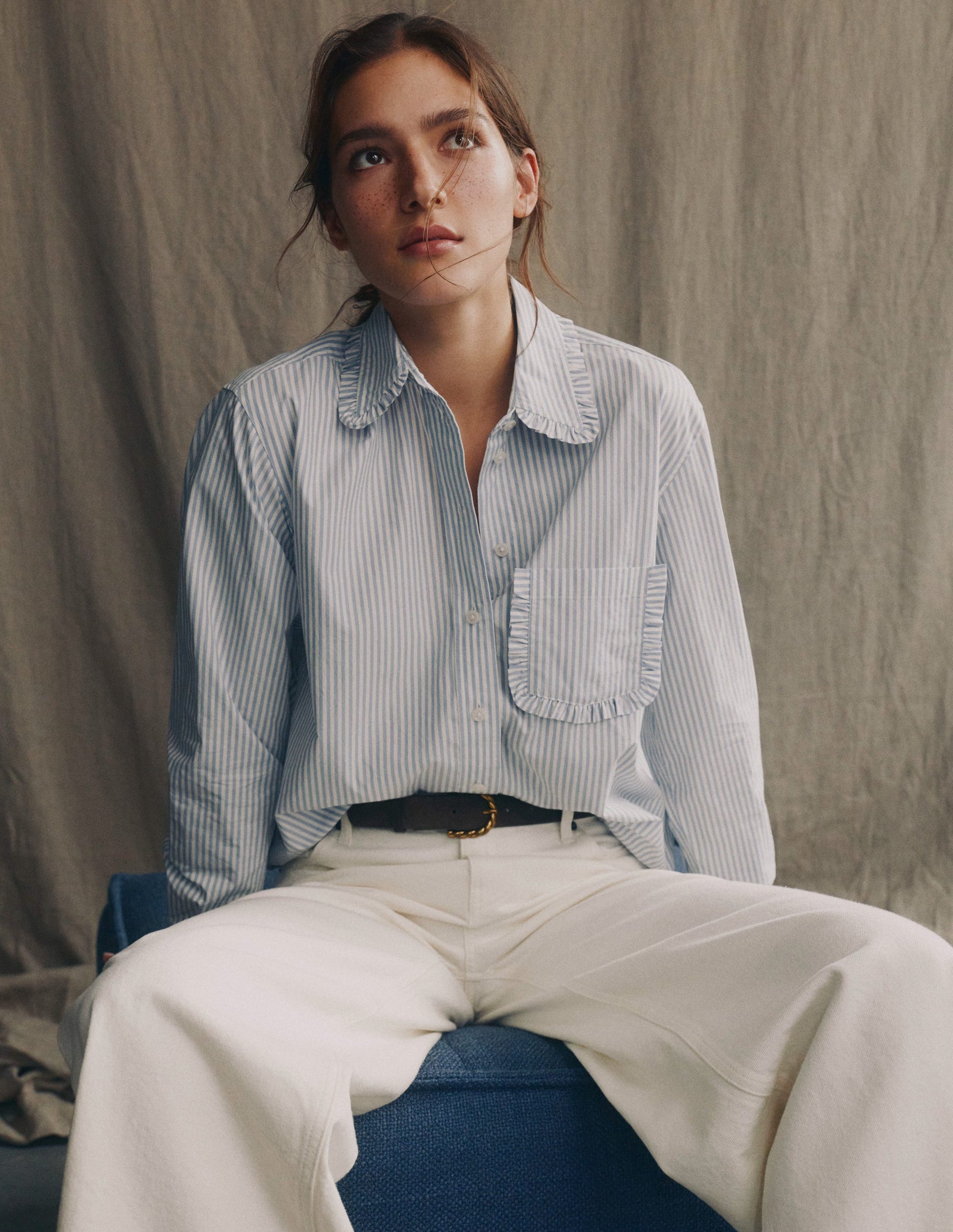 Sadie Relaxed Cotton Shirt-Faded Denim and Ivory Stripe-1