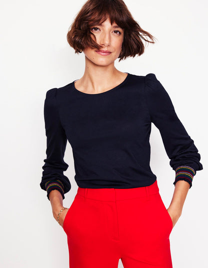 Smocked Cuff Supersoft Top-Navy-1
