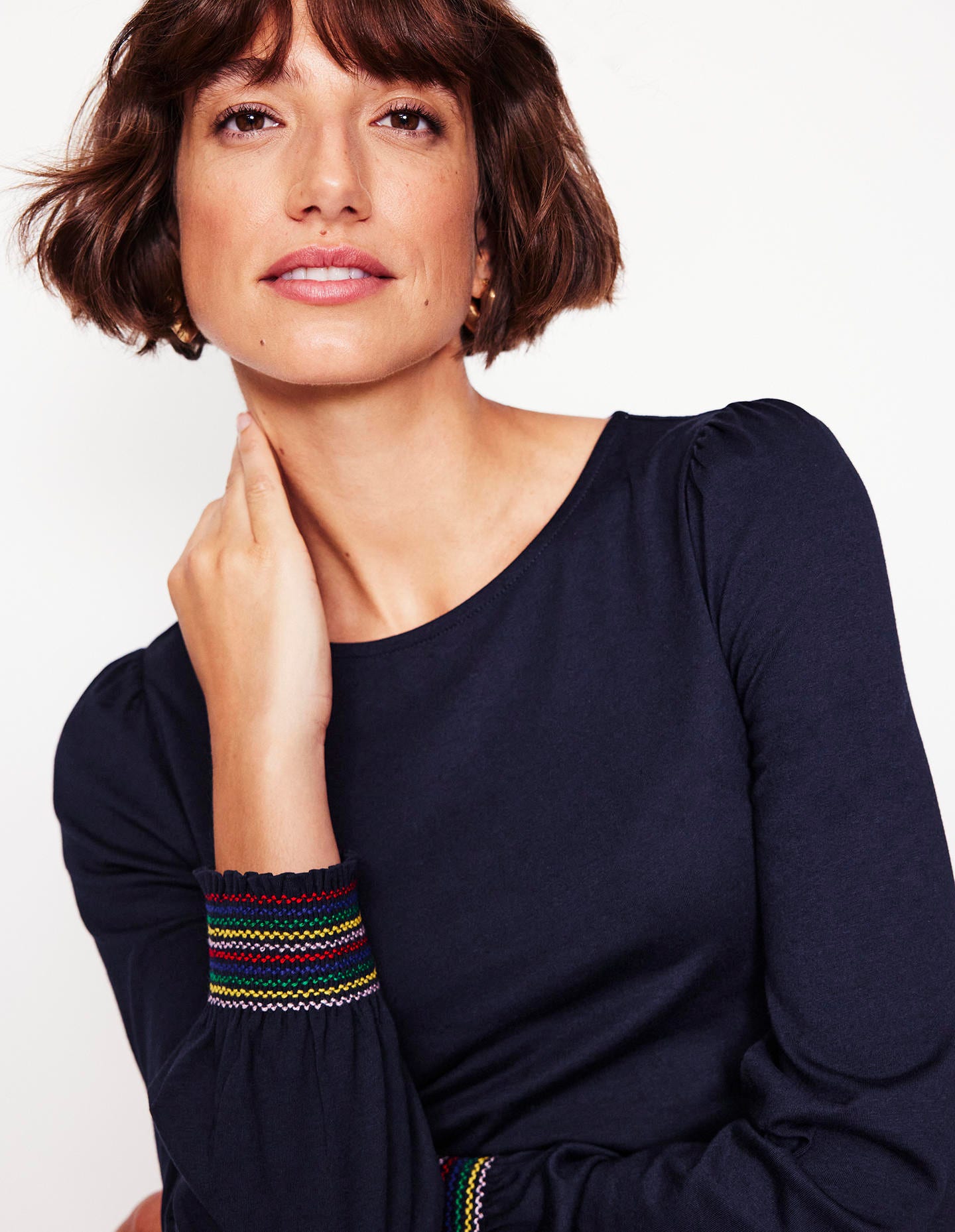 Smocked Cuff Supersoft Top-Navy-2