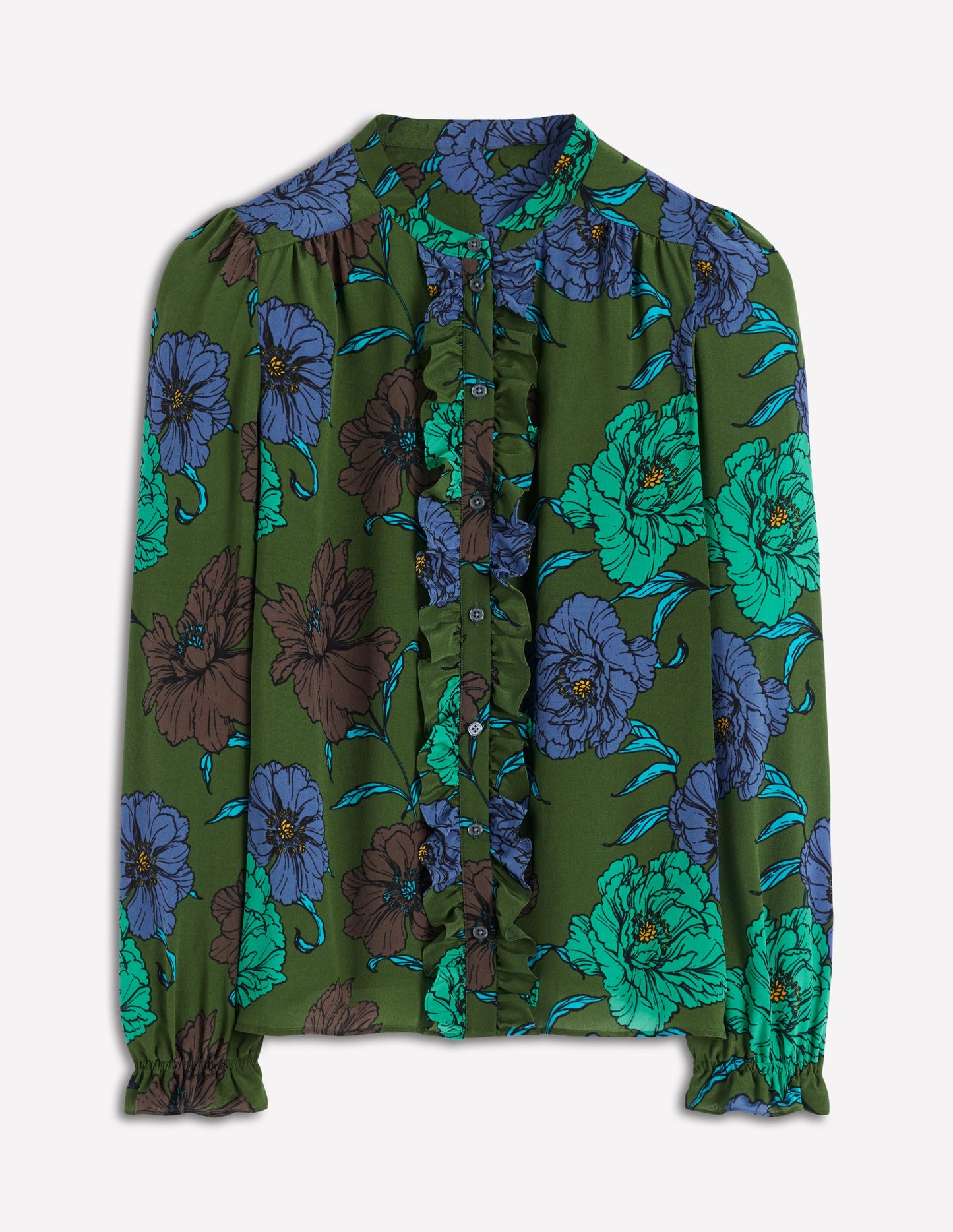 Alice Frill Front Silk Top-Green, Peony Bloom