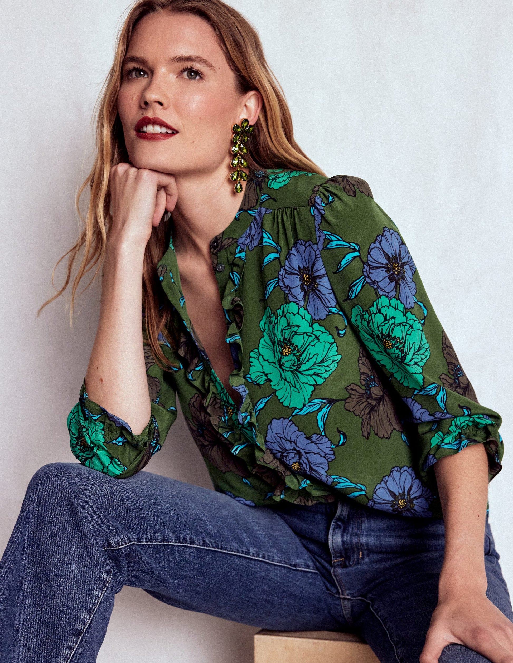 Alice Frill Front Silk Top-Green, Peony Bloom-1