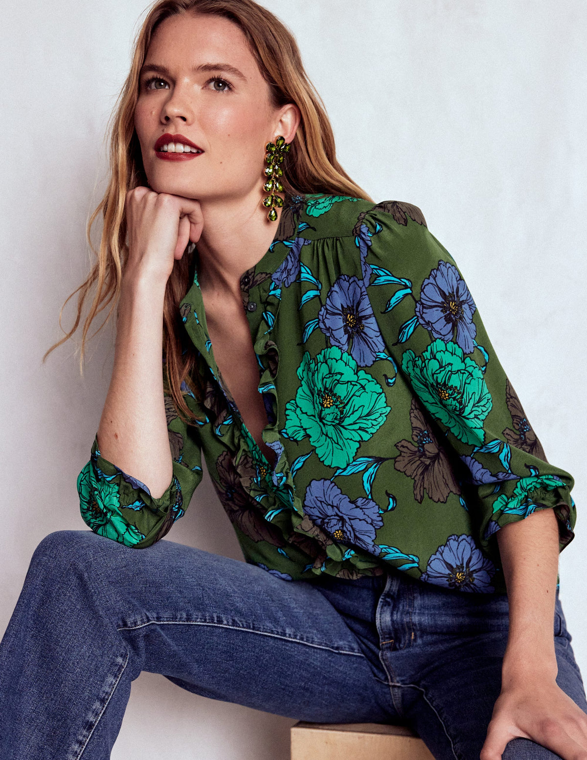 Alice Frill Front Silk Top-Green, Peony Bloom - Image 1