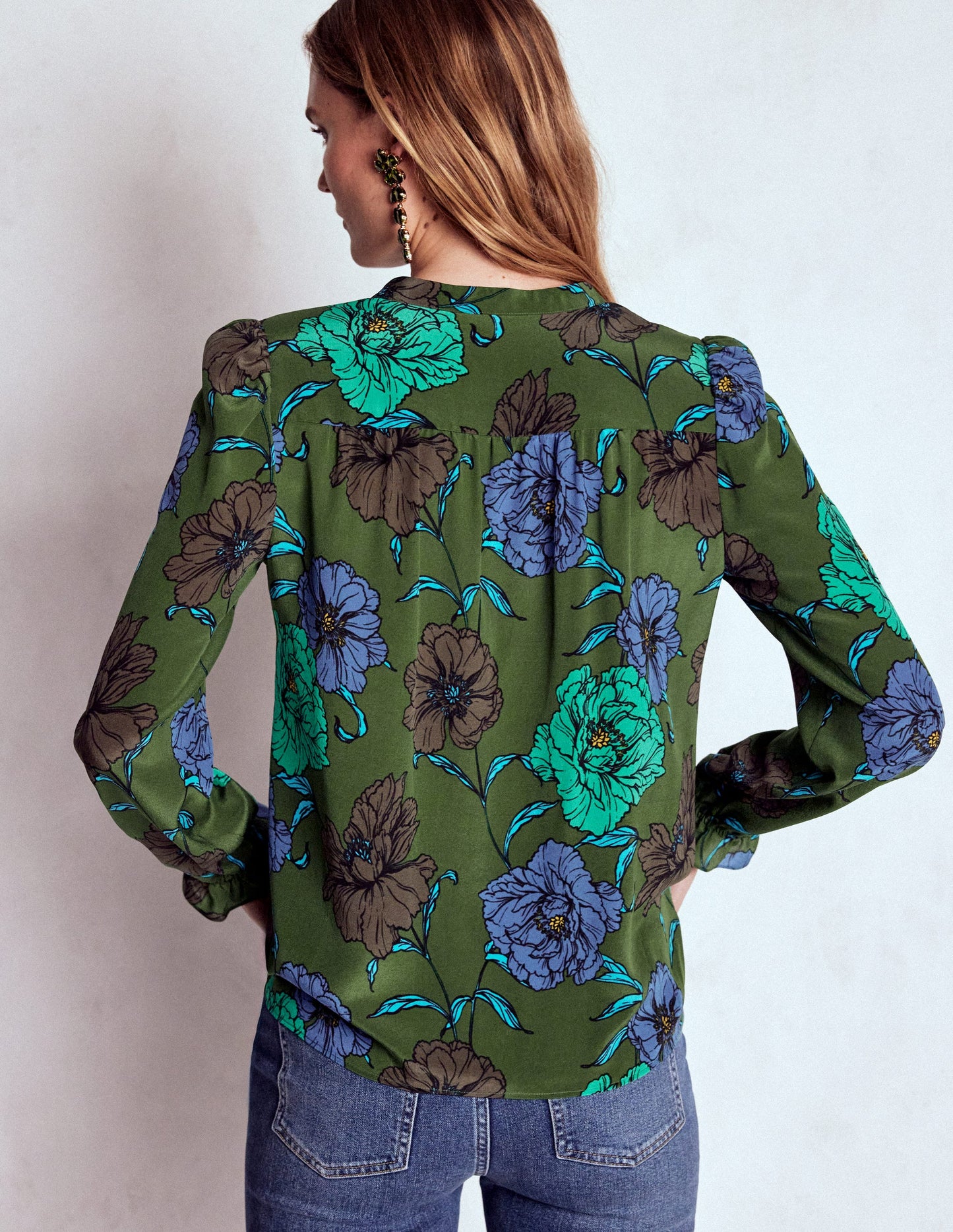 Alice Frill Front Silk Top-Green, Peony Bloom