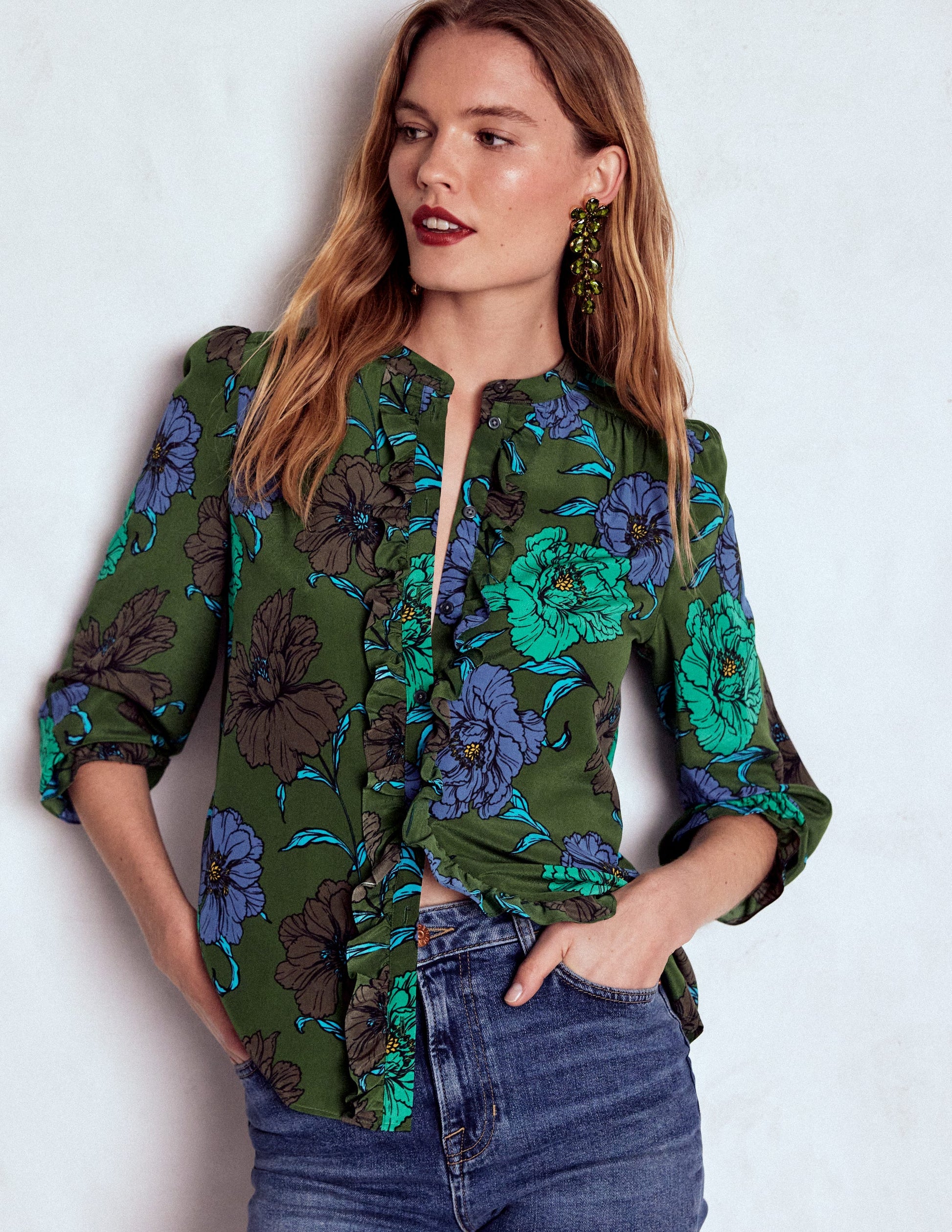 Alice Frill Front Silk Top-Green, Peony Bloom-4