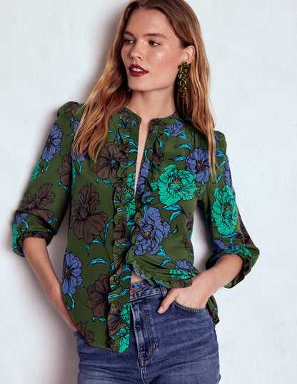 Alice Frill Front Silk Top-Green, Peony Bloom-4