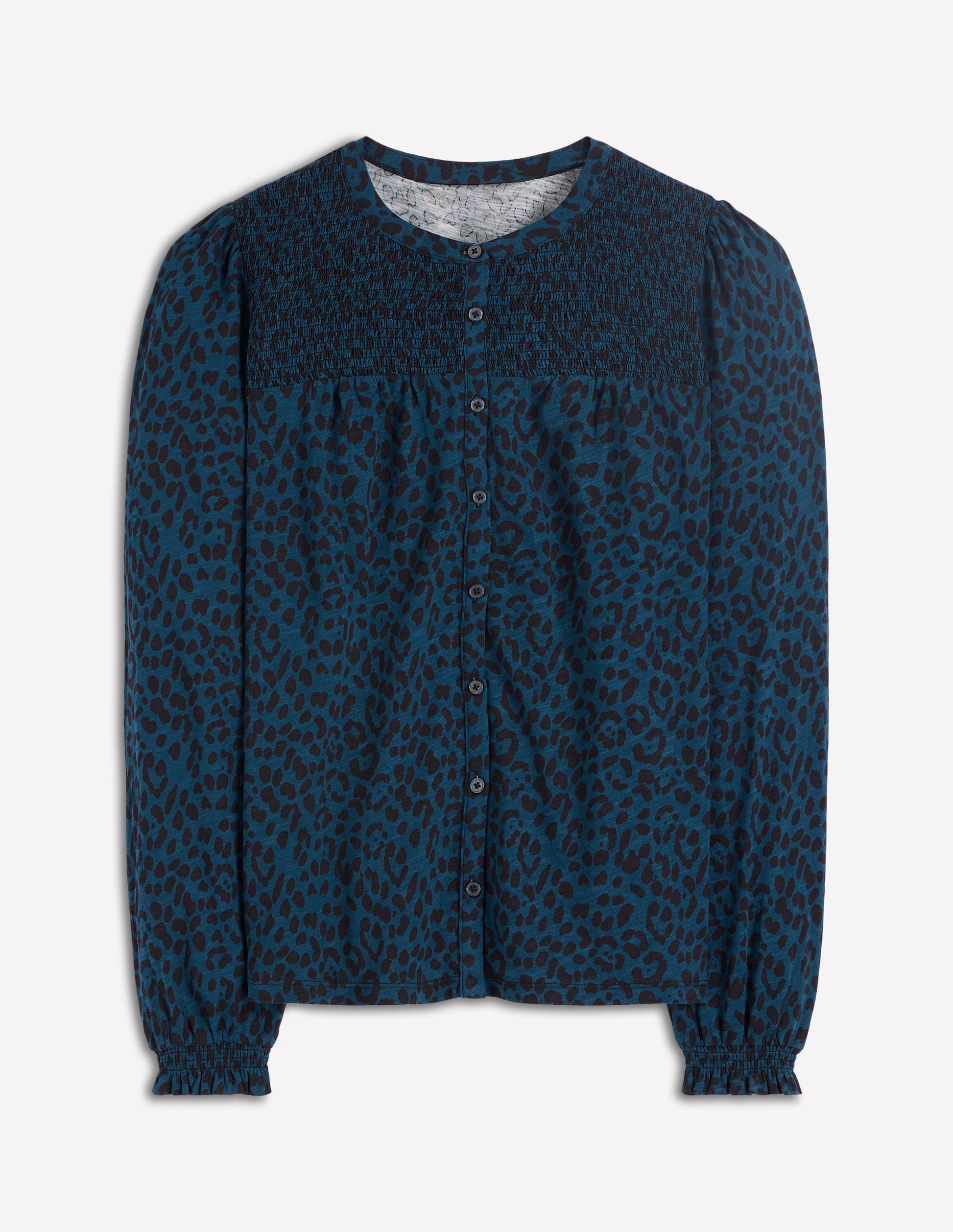 Elsa Smocked Yoke Jersey Shirt-Teal Leopard-6