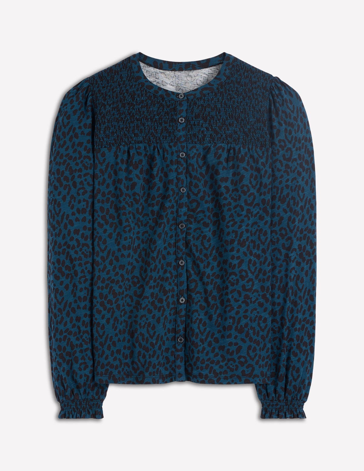 Elsa Smocked Yoke Jersey Shirt-Teal Leopard - Image 6