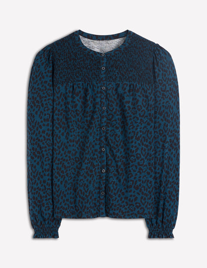 Elsa Smocked Yoke Jersey Shirt-Teal Leopard-6