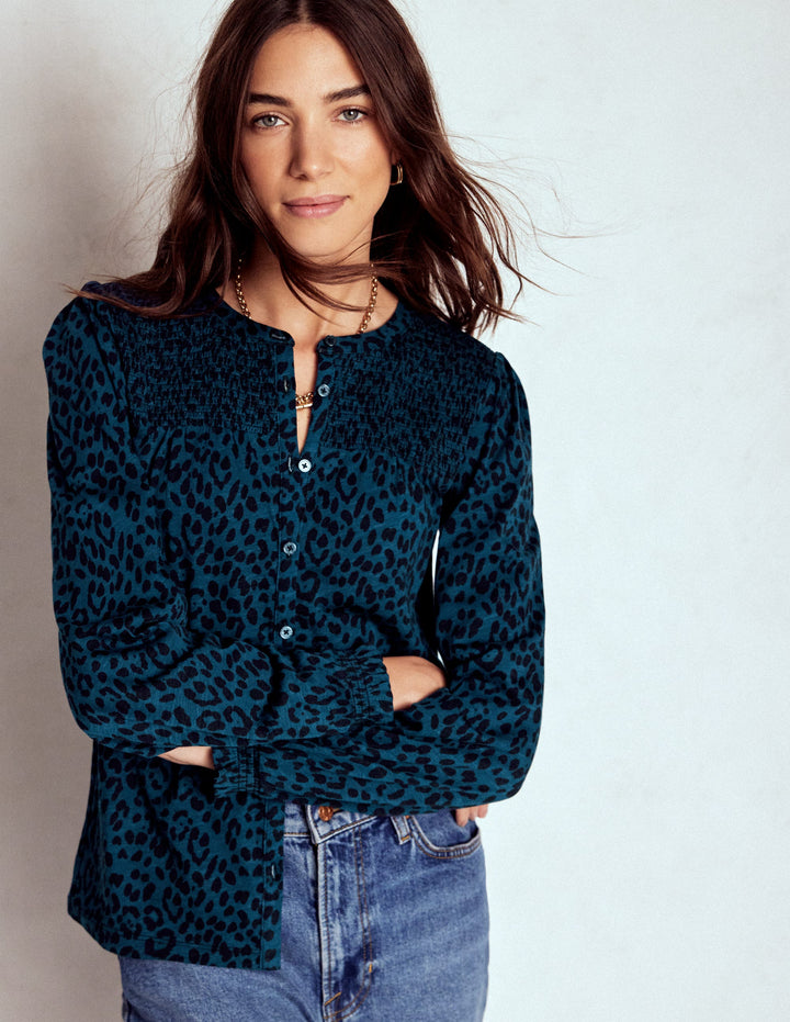 Elsa Smocked Yoke Jersey Shirt-Teal Leopard