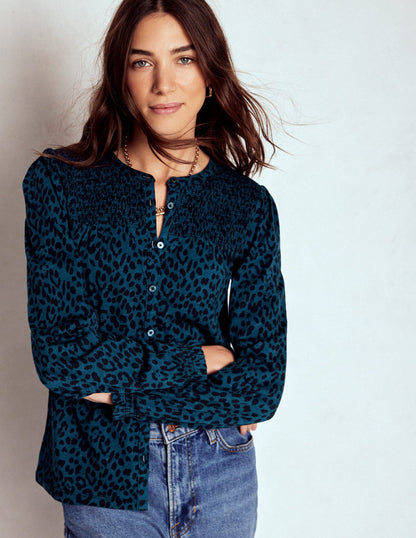 Elsa Smocked Yoke Jersey Shirt-Teal Leopard-1