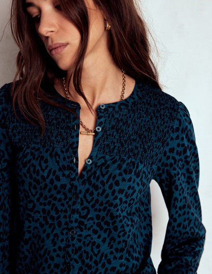 Elsa Smocked Yoke Jersey Shirt-Teal Leopard-2
