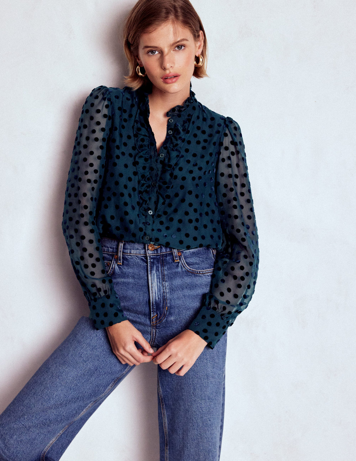 Sasha Devore Velvet Top-Navy Spot - Image 1