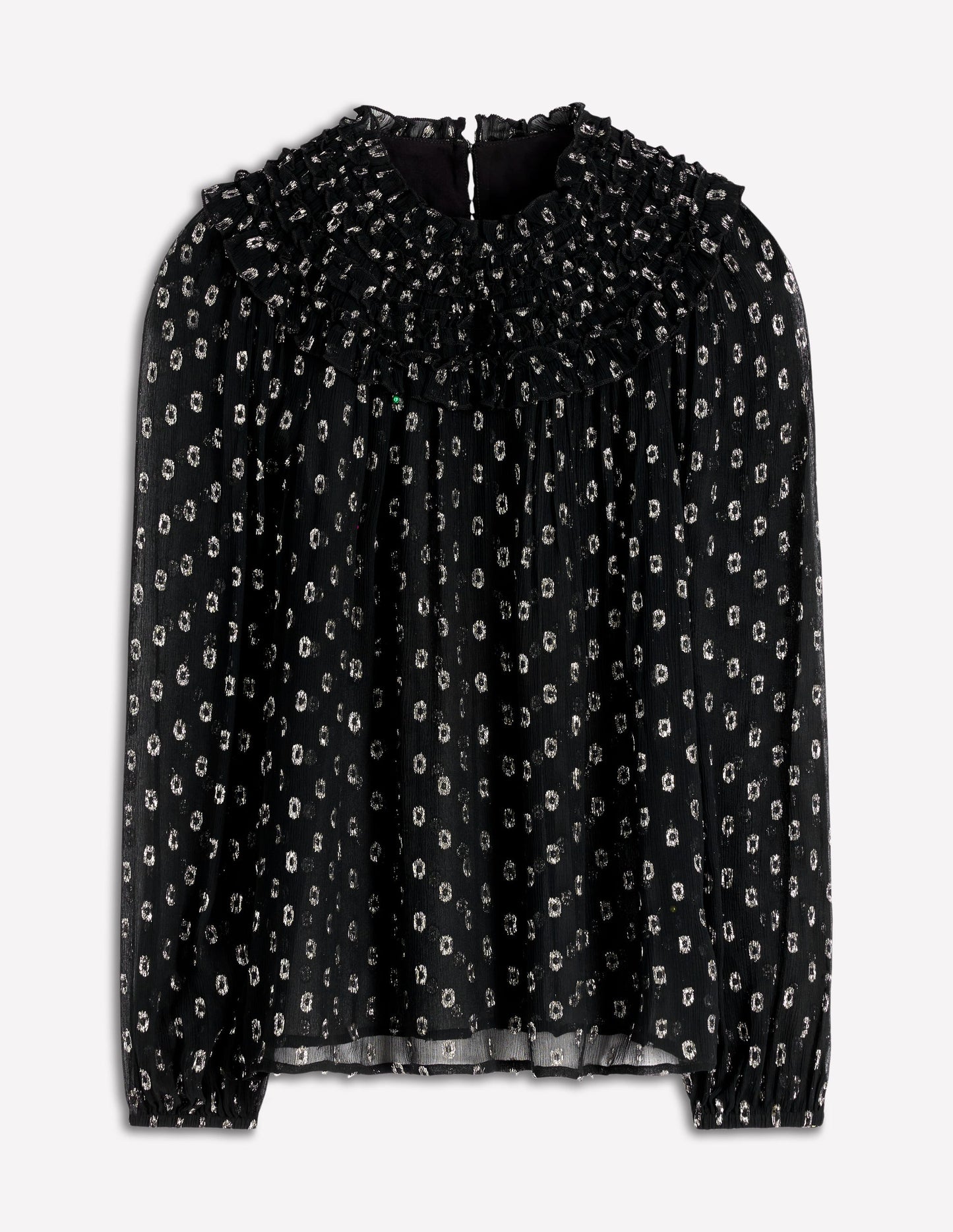 Metallic Ruffle Collar Top-Black, Lurex Clip