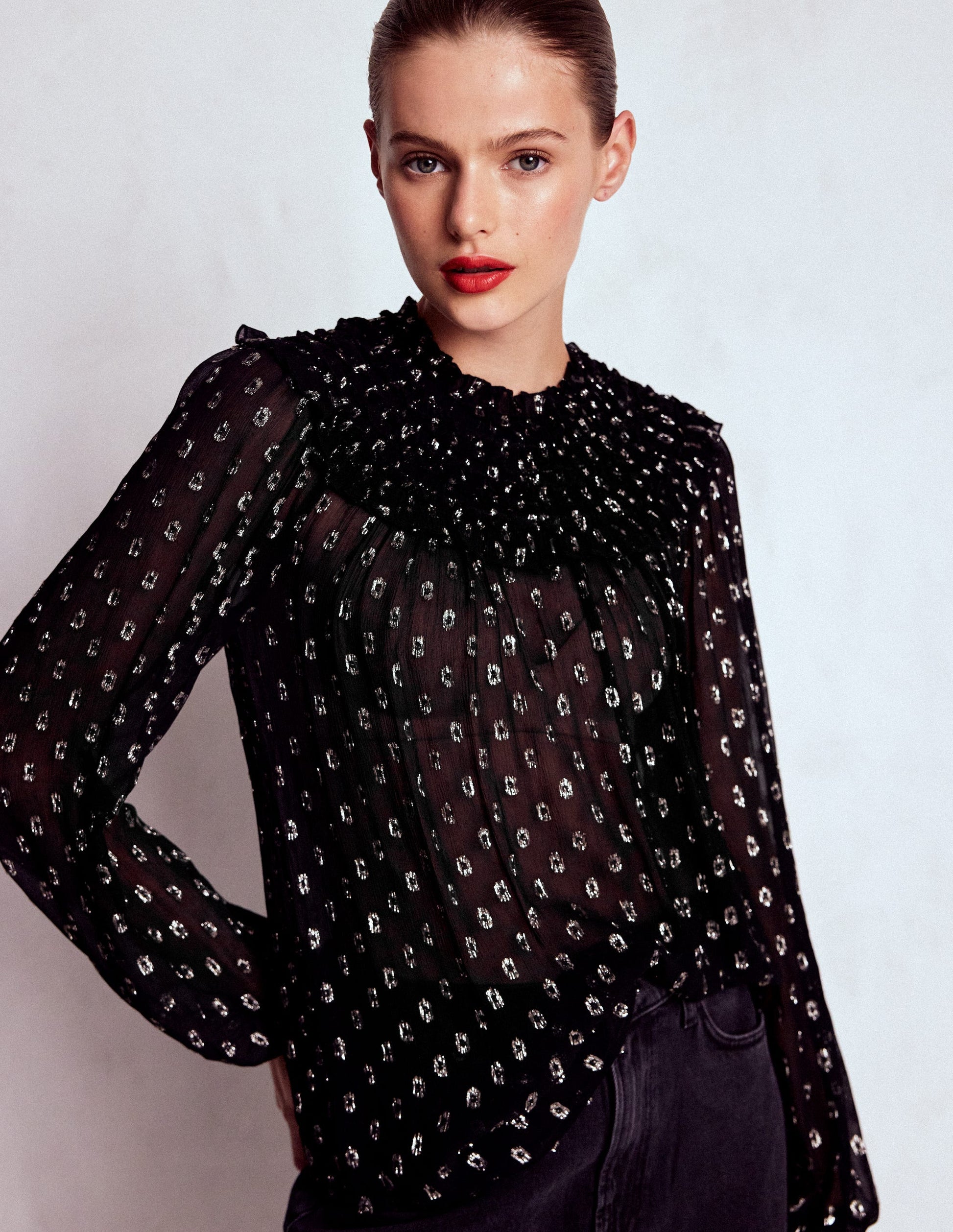 Metallic Ruffle Collar Top-Black, Lurex Clip-1