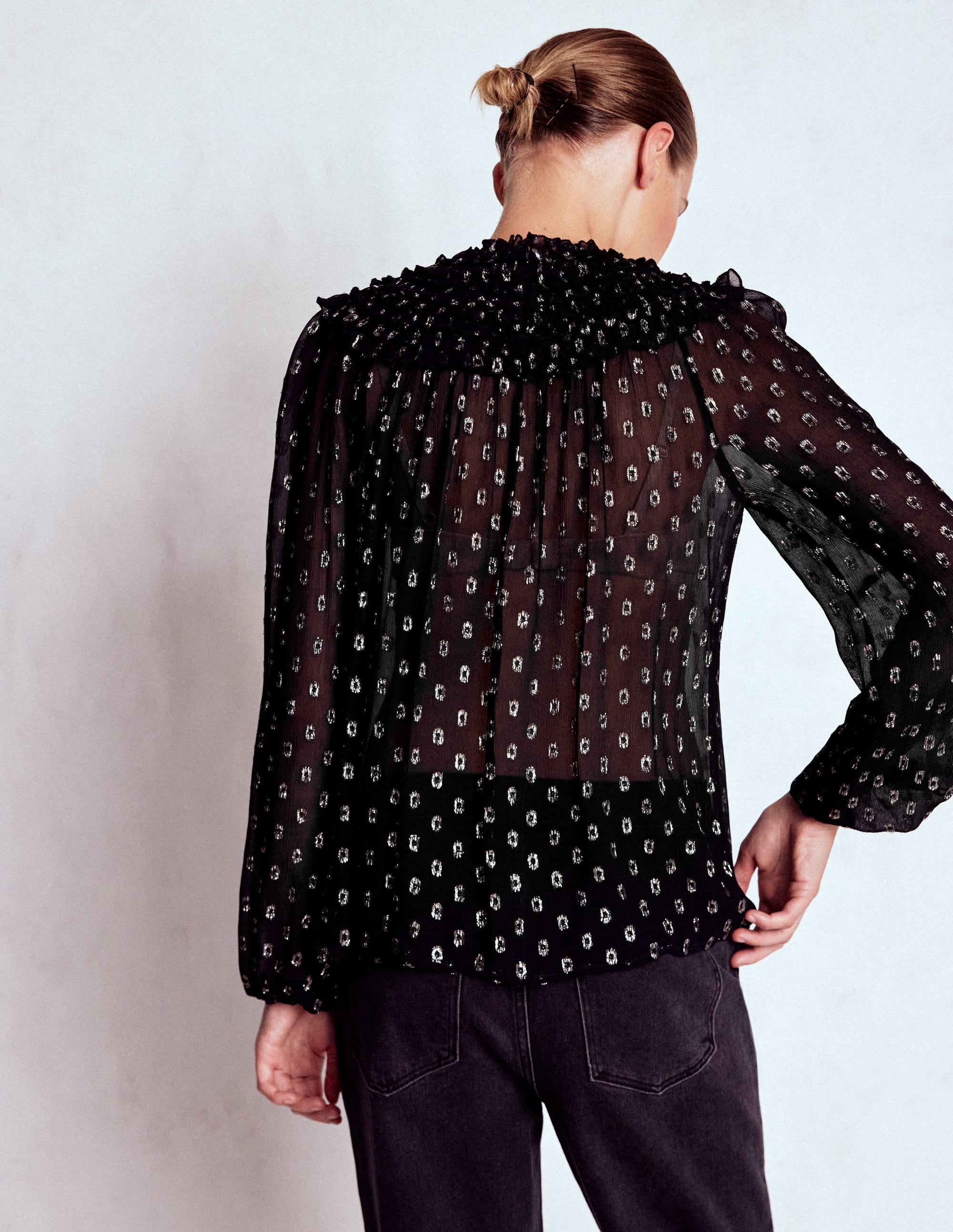 Metallic Ruffle Collar Top-Black, Lurex Clip - Image 3