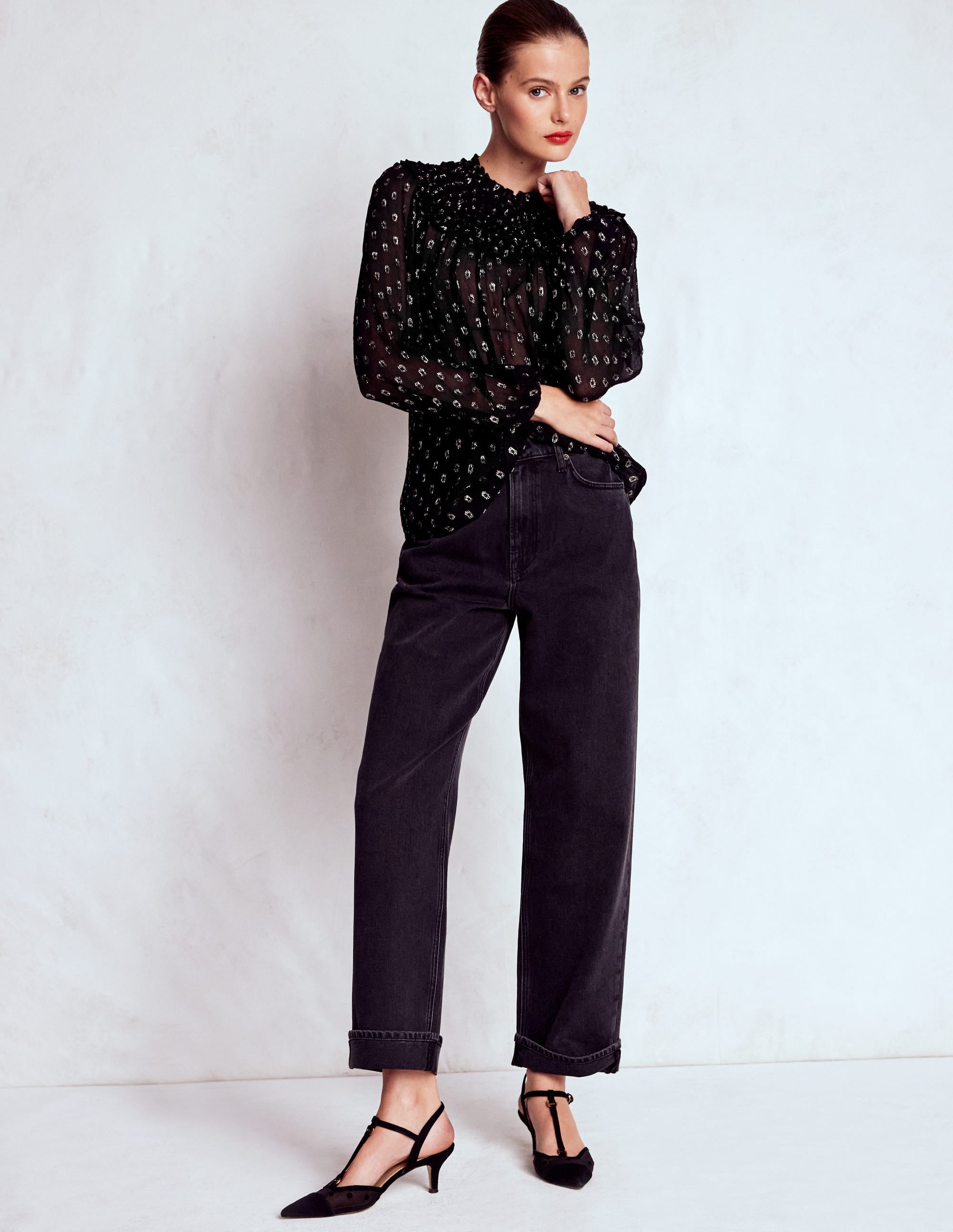 Metallic Ruffle Collar Top-Black, Lurex Clip - Image 4