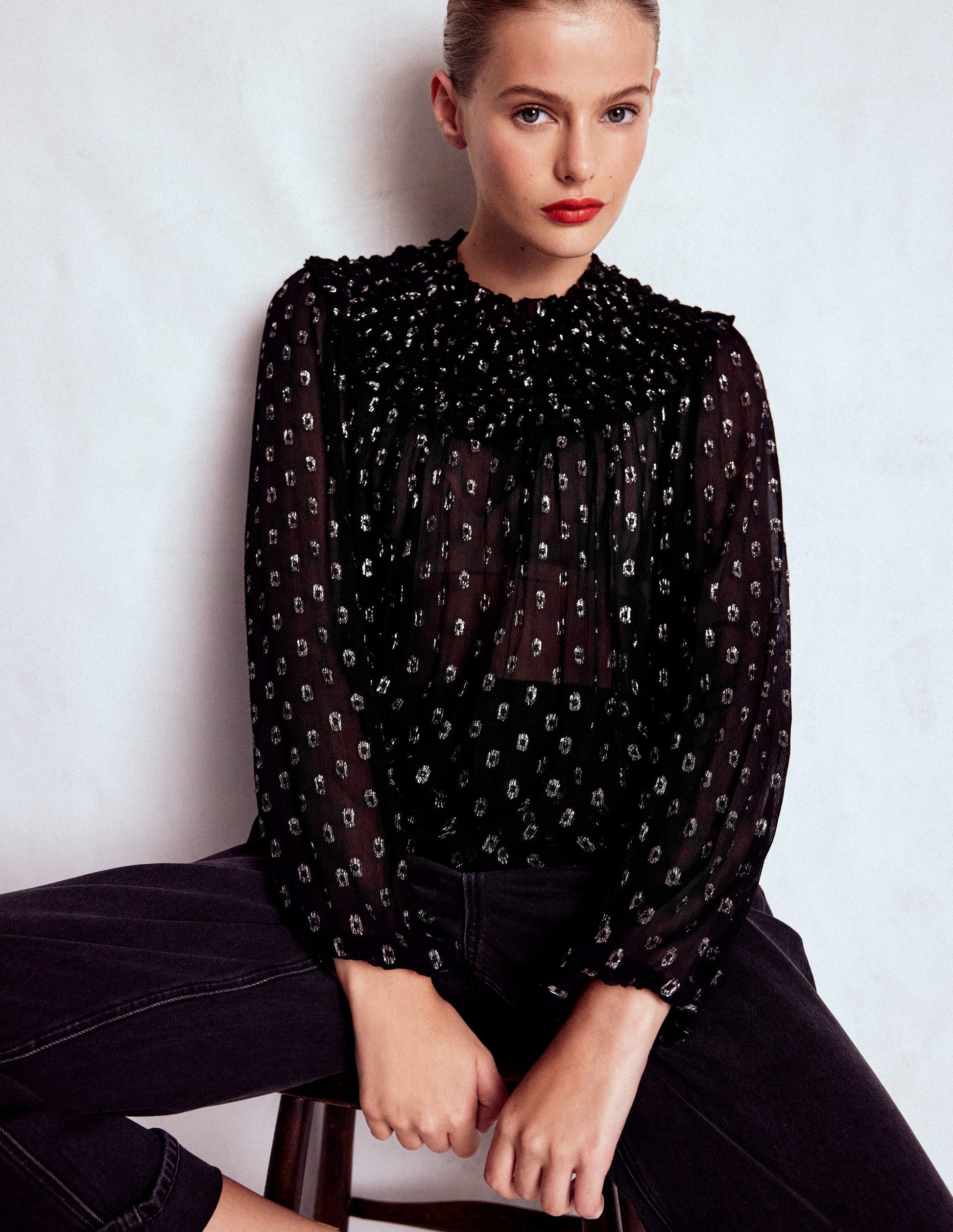 Metallic Ruffle Collar Top-Black, Lurex Clip-6