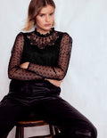 Tulle Yoke Embroidered Top-Black Spot