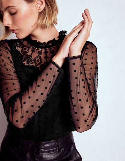 Tulle Yoke Embroidered Top-Black Spot-6