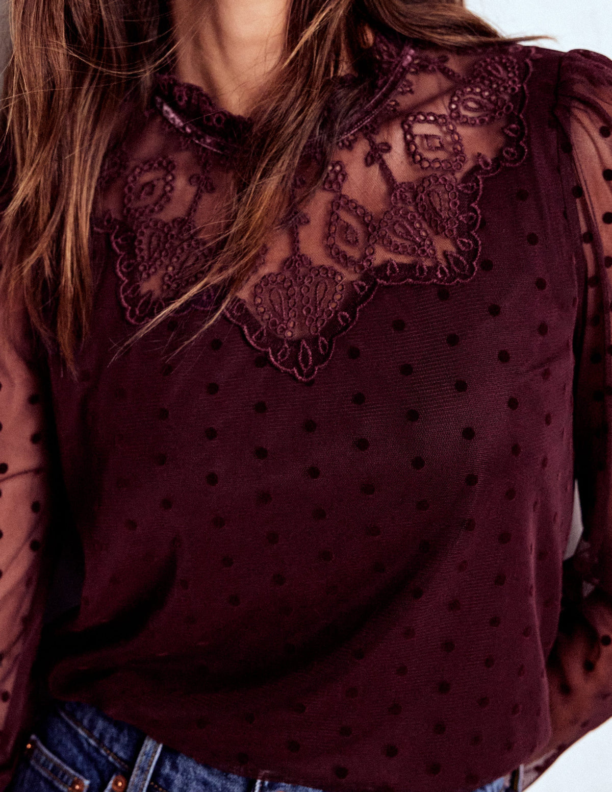 Tulle Yoke Embroidered Top-Dark Cherry - Image 2