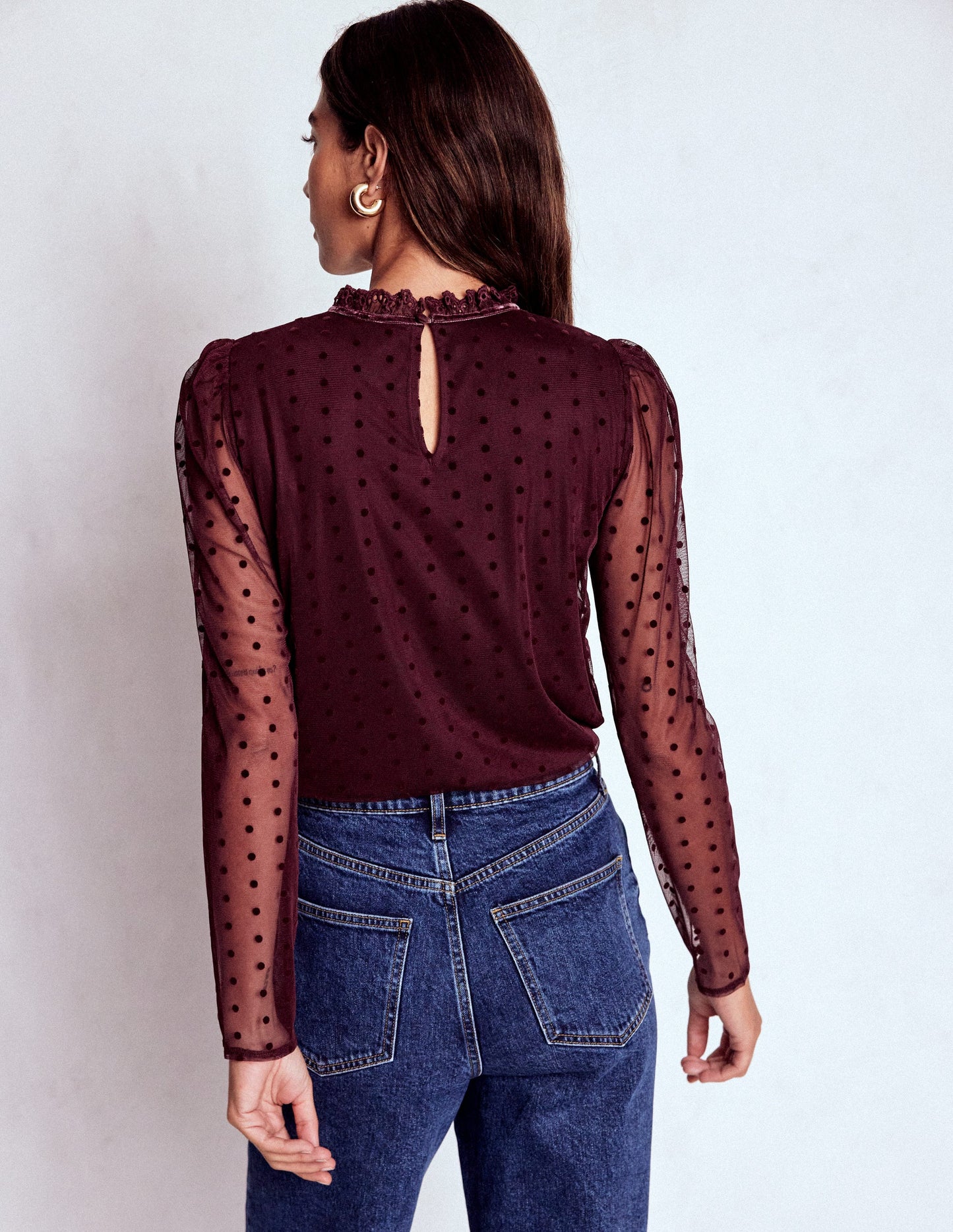 Tulle Yoke Embroidered Top-Dark Cherry