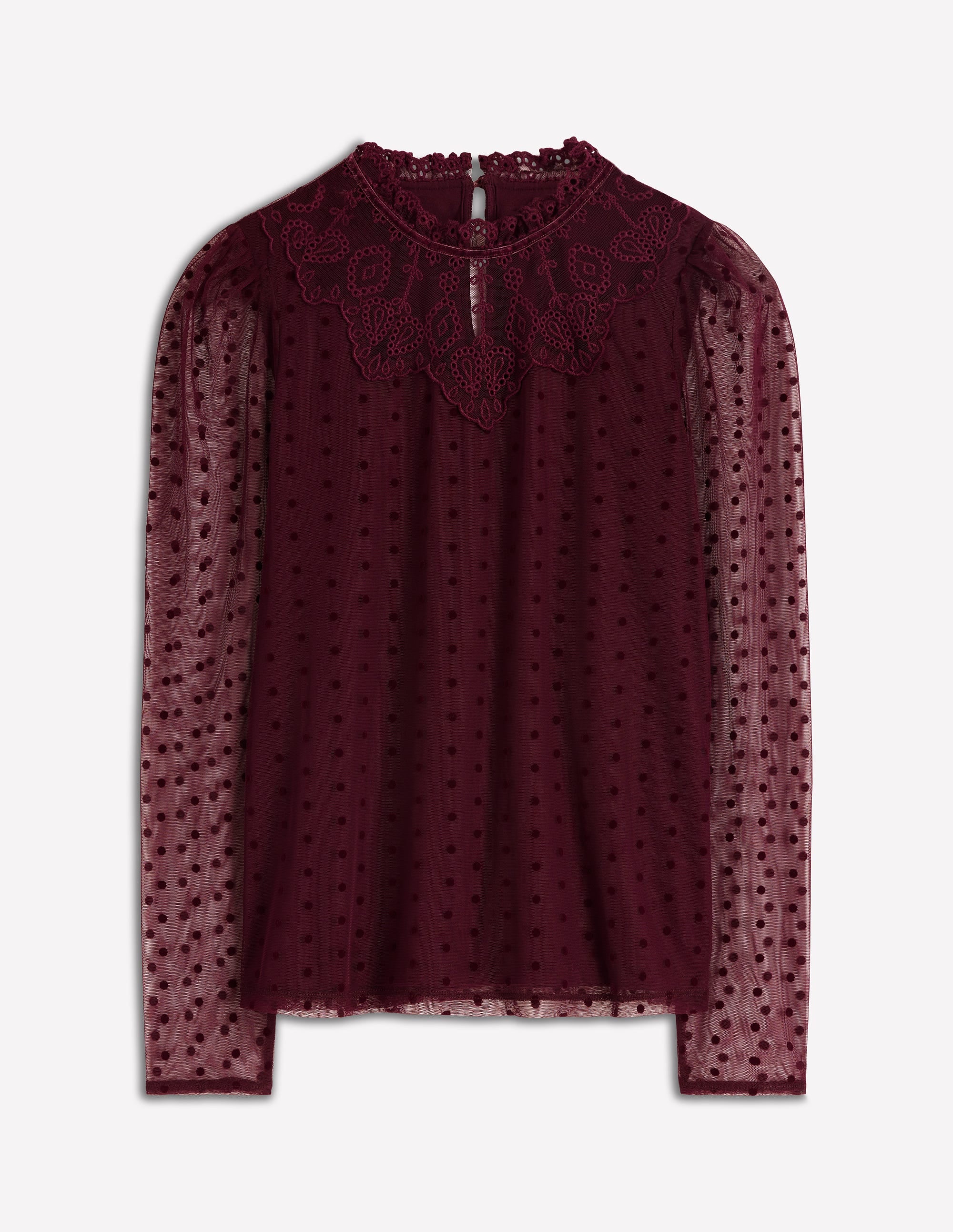 Tulle Yoke Embroidered Top-Dark Cherry - Image 6