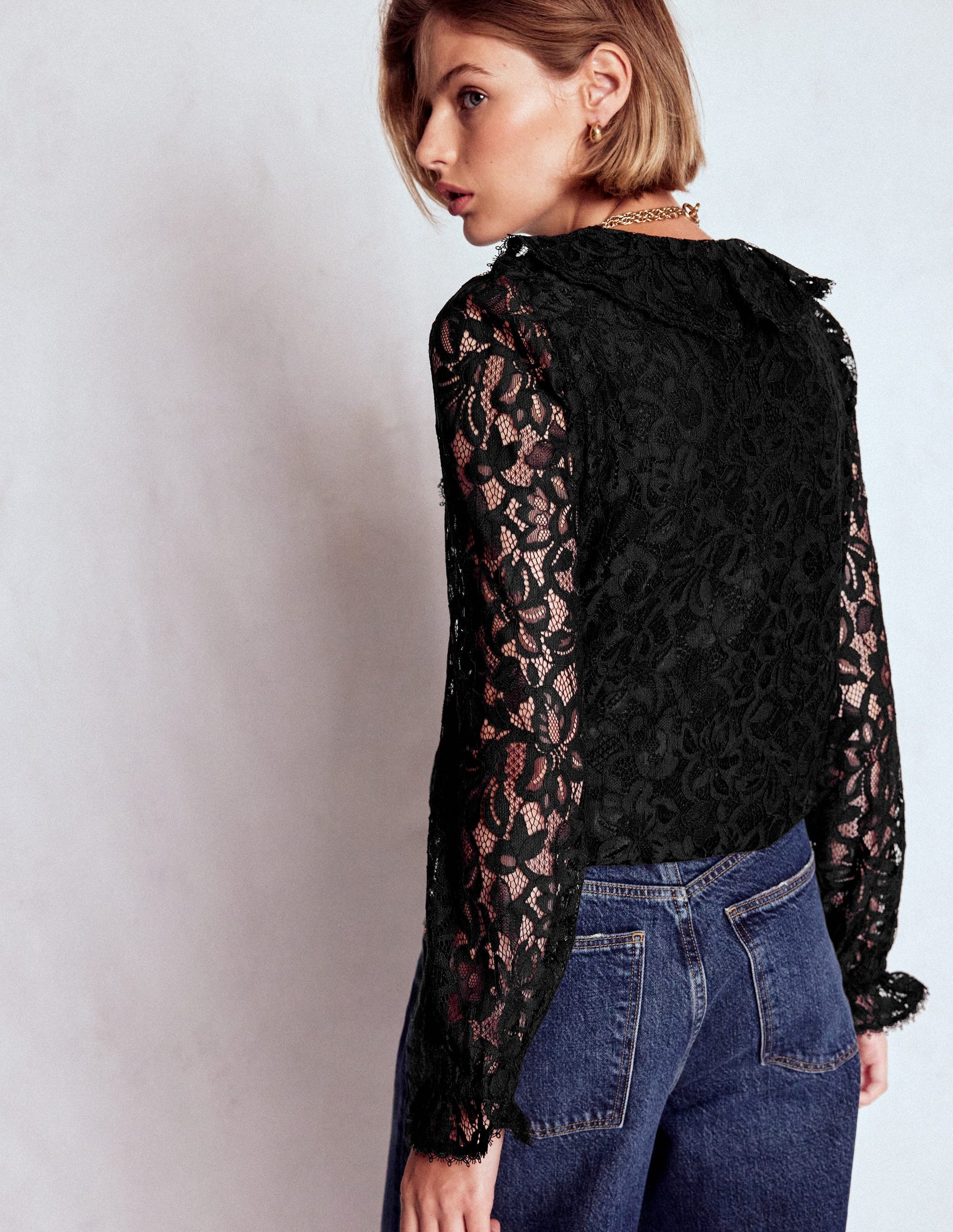 Ruffle Detail Lace Blouse-Black-3