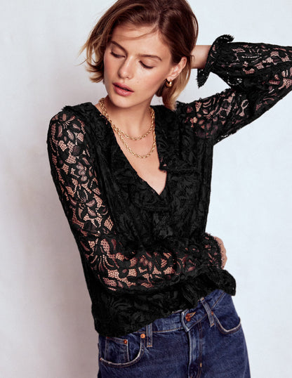 Ruffle Detail Lace Blouse-Black-4