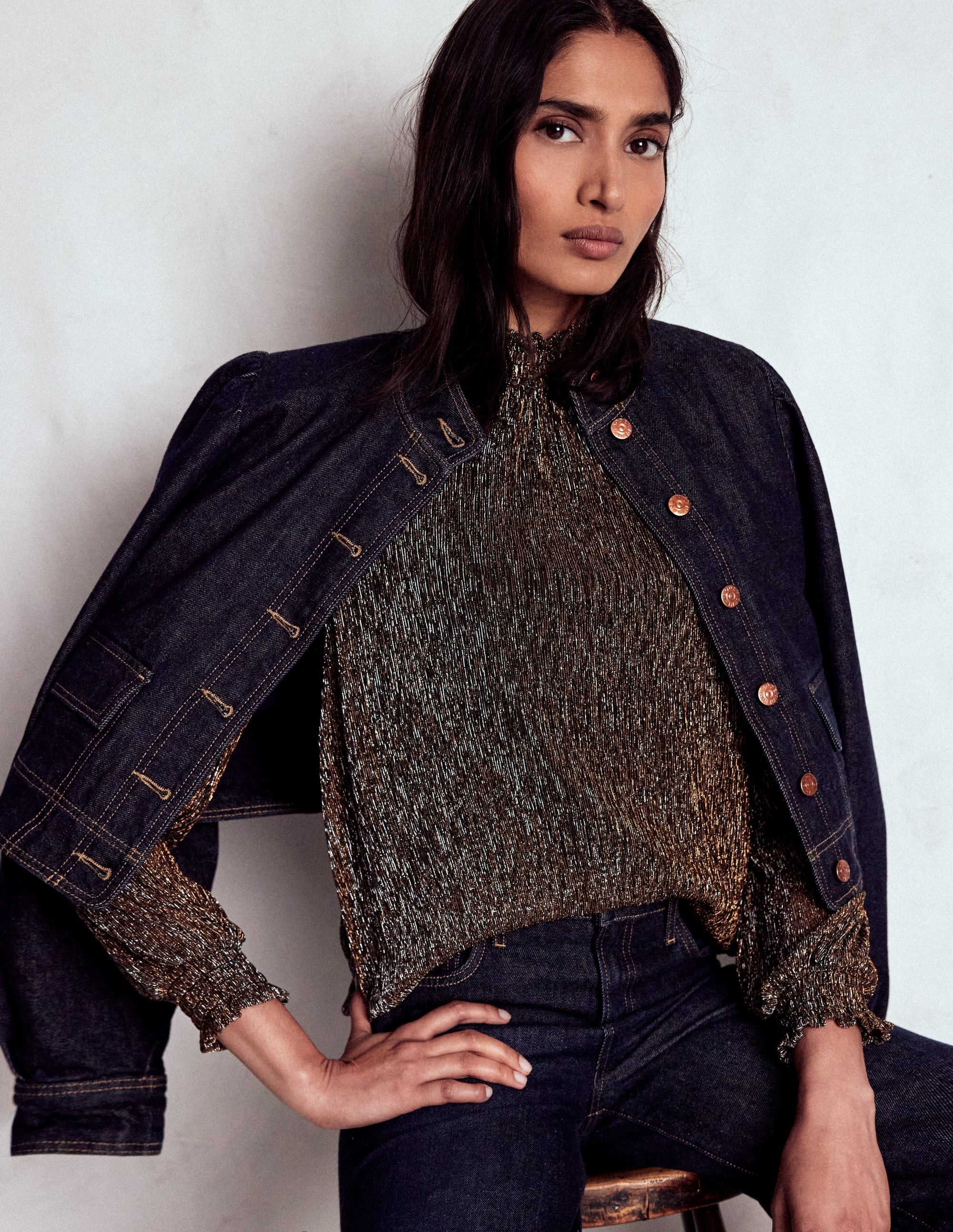 Smocked Neck Metallic Top-Metallic - Image 2