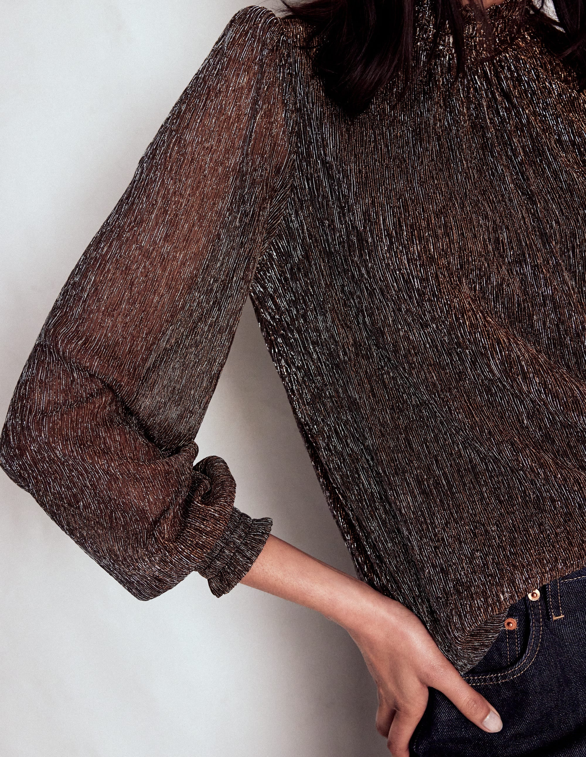Smocked Neck Metallic Top-Metallic - Image 3