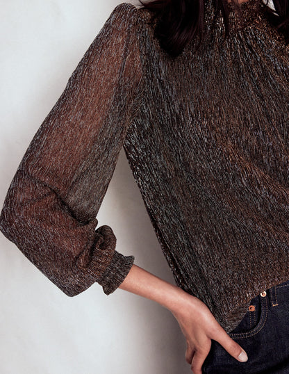 Smocked Neck Metallic Top-Metallic-3