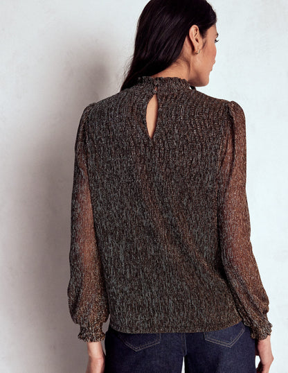 Smocked Neck Metallic Top-Metallic-4