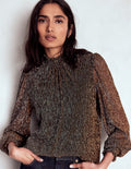 Smocked Neck Metallic Top-Metallic