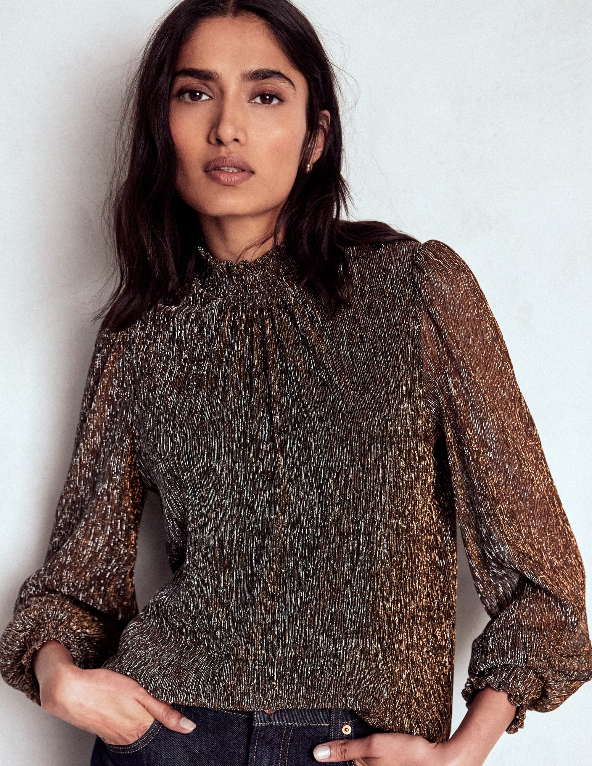 Smocked Neck Metallic Top-Metallic - Image 1