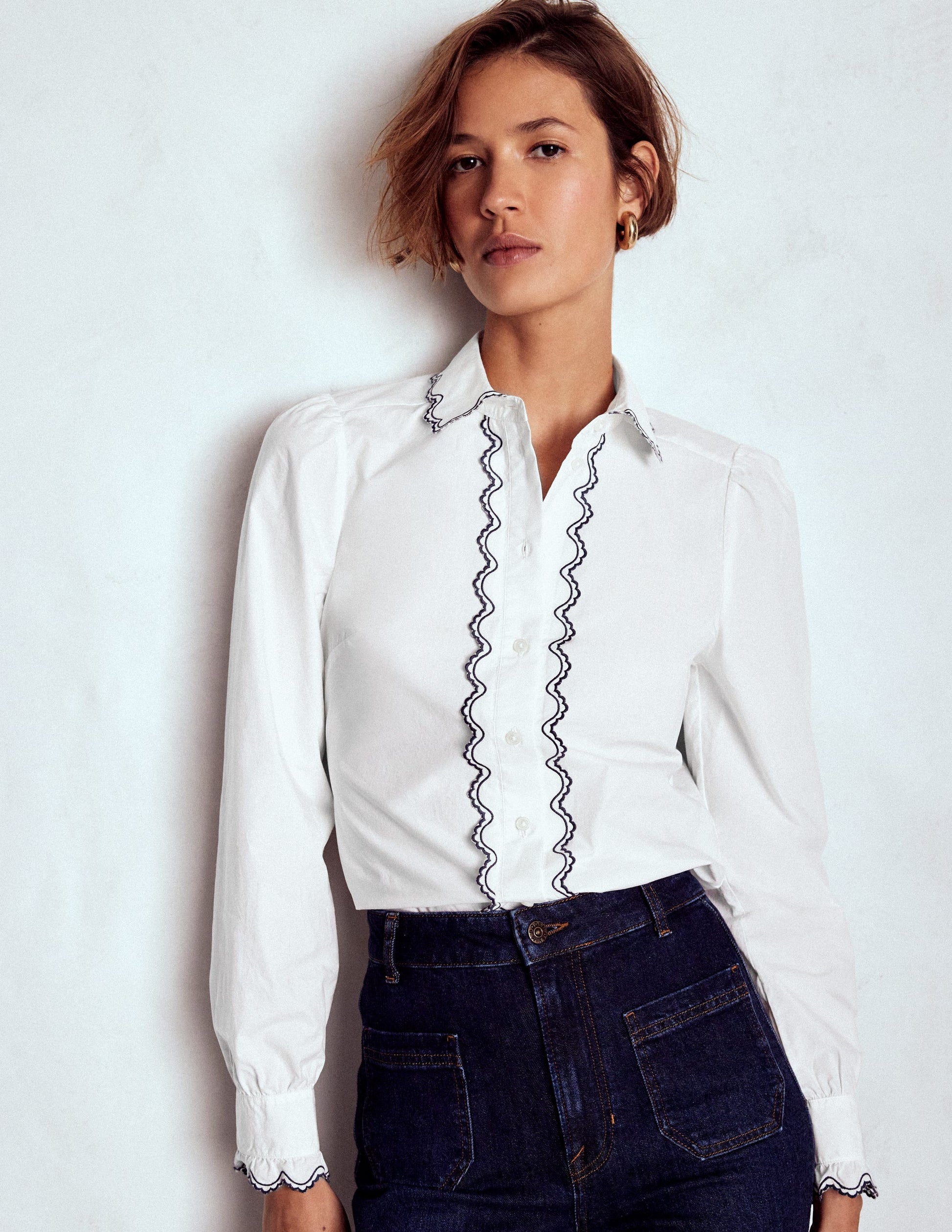 Embroidered Cotton Shirt-White, Navy Embroidery-1